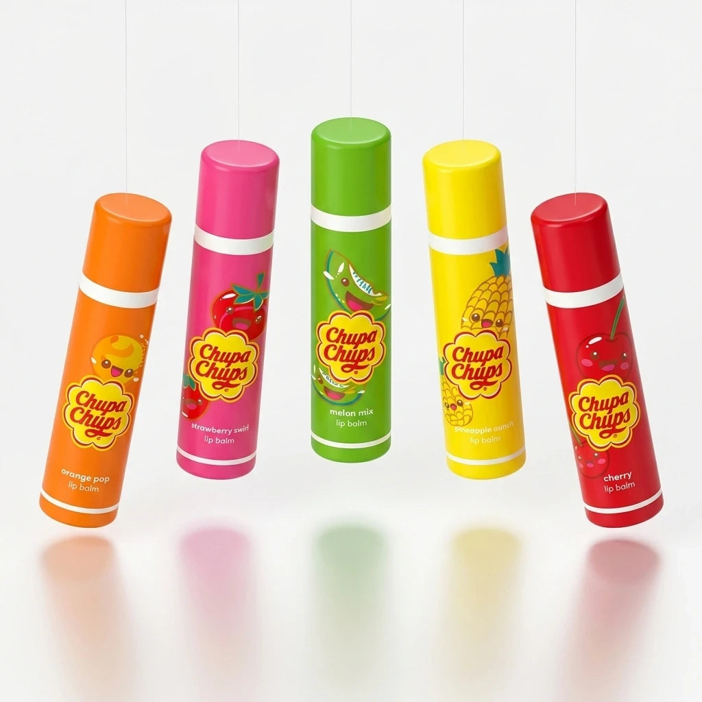 Photographie de studio minimaliste, angle en plongée légère (45 degrés). Les 5 baumes à lèvres de l'assortiment Chupa Chups (Fraise, Cola, Pomme, Orange, Cerise) sont suspendus verticalement par des fils invisibles, formant un arc-en-ciel de couleurs. Ils projettent des ombres colorées douces sur un fond blanc immaculé et satiné. Esthétique propre, moderne et épurée. Lumière diffuse de haute qualité, netteté parfaite sur tous les tubes. (gemini-3.1-flash-image-preview)