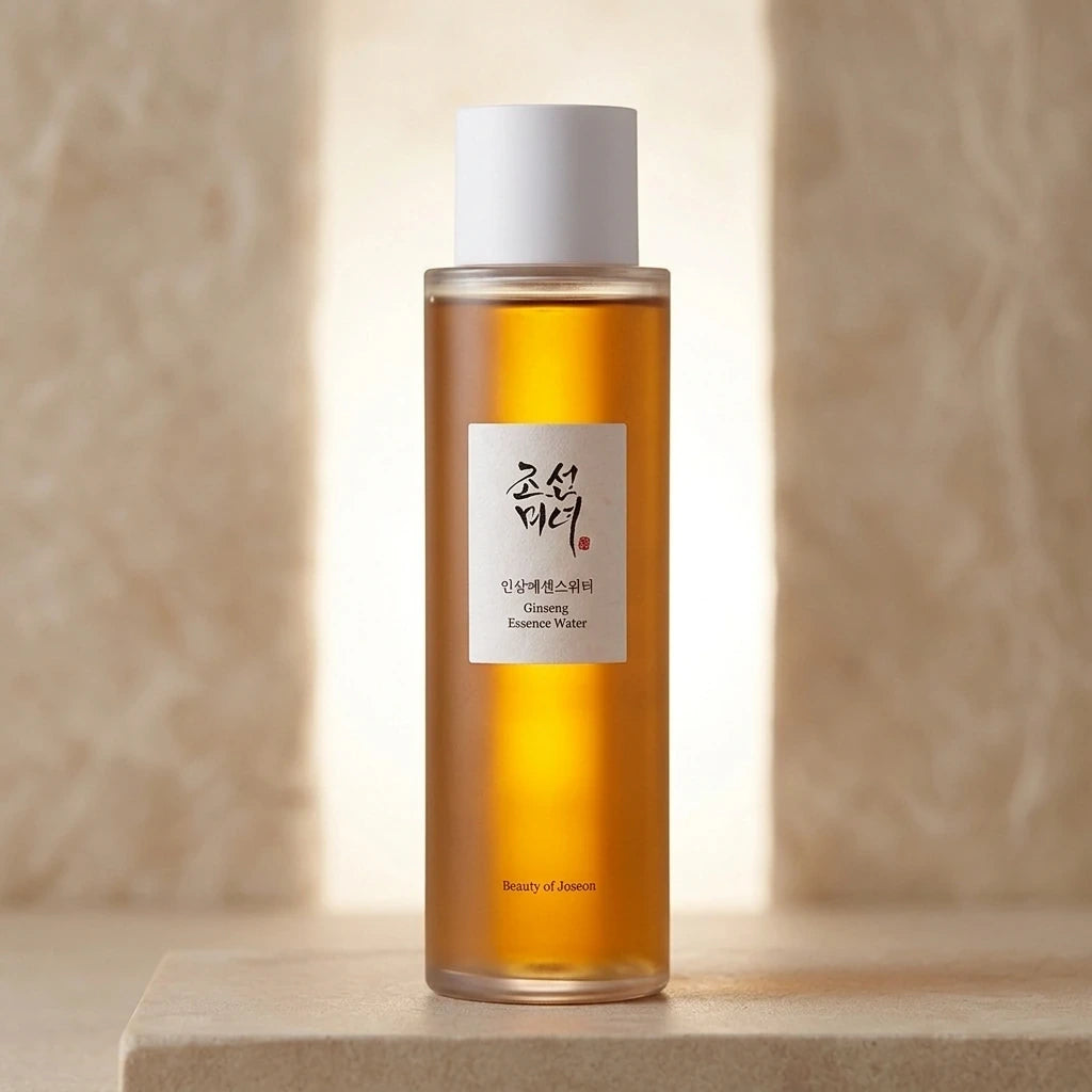 Premium commercial studio shot of the Beauty of Joseon Ginseng Essence Water bottle (referenced from image_464141.png). Front-facing view, perfectly centered and standing upright. Soft, warm professional studio lighting illuminates the product from behind, showcasing the glowing golden transparency of the ginseng liquid. High-end modern Korean skincare e-commerce branding style. Clean, minimalist, and deeply sophisticated. Aspect ratio 1:1, size 1200x1200px. (gemini-3.1-flash-image-preview)