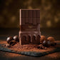 Creative e-commerce shot of the Arabiyat Sugar Chocolate Ganache perfume bottle inspired by image_a2e8e7.jpg. The bottle stands elegantly on a dark slate surface, surrounded by rich cocoa powder dusting, a few glossy dark chocolate truffles, and delicate chocolate curls scattered around. The background is a soft, moody, dark brown and gold bokeh blur. Indulgent, luxurious, and deeply intense fragrance concept. Aspect ratio 1:1, size 1200x1200px. (gemini-3-pro-image-preview)