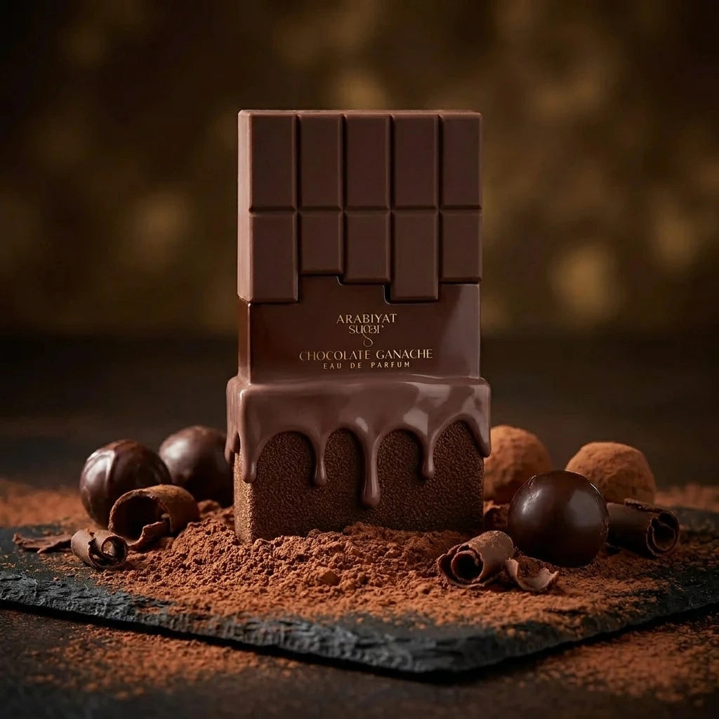 Creative e-commerce shot of the Arabiyat Sugar Chocolate Ganache perfume bottle inspired by image_a2e8e7.jpg. The bottle stands elegantly on a dark slate surface, surrounded by rich cocoa powder dusting, a few glossy dark chocolate truffles, and delicate chocolate curls scattered around. The background is a soft, moody, dark brown and gold bokeh blur. Indulgent, luxurious, and deeply intense fragrance concept. Aspect ratio 1:1, size 1200x1200px. (gemini-3-pro-image-preview)
