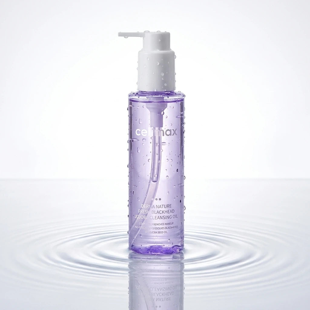 High-end commercial shot of Celimax Jojoba Cleansing Oil bottle standing elegantly on a clear, calm water surface with gentle ripples. Tiny, realistic water droplets on the clear bottle. Bright, clean studio lighting, reflections in the water, hyper-realistic, liquid transparency, premium cosmetics ad. --ar 1:1 (gemini-3-pro-image-preview)