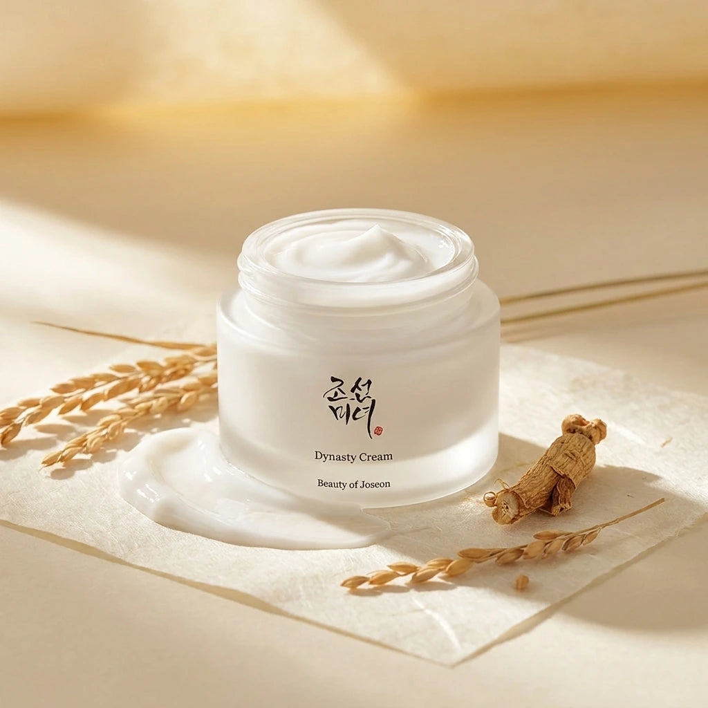 Creative e-commerce shot of the Beauty of Joseon Dynasty Cream jar inspired by image_35d4c3.png. The frosted glass jar rests elegantly on a flat, cream-colored Hanji (traditional paper) mat, surrounded by a smooth, glossy smear of rich white cream, a few delicate rice stalks, and a hint of a dried ginseng root. The background is a soft, blurry warm ivory and soft gold gradient under gentle morning sunbeams. Royal nourishing, organic, and luxury Korean skincare concept. Aspect ratio 1:1, size 1200x1200px. (g