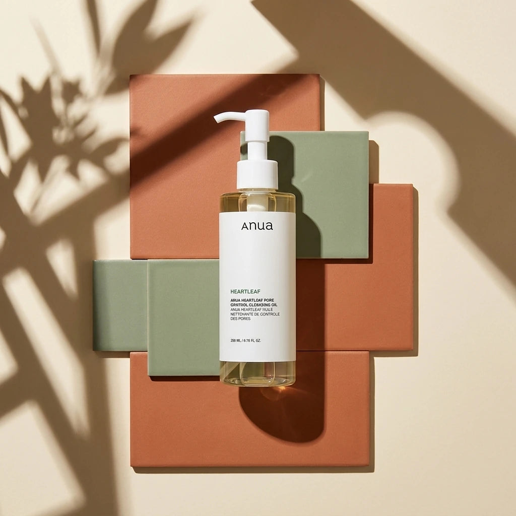 Le Studio des Ombres Géométriques (Minimaliste Abstrait)Angle : Légère SurplombéePrompt : An artistic studio e-commerce photograph of the "Heartleaf Pore Control Cleansing Oil" bottle. The bottle stands on a geometric stack of terracotta and sage green ceramic tiles. The background is a plain, warm cream-colored studio wall. The main composition is created by complex, overlapping abstract geometric shadows cast by invisible plants and blocks, framing the bottle within a 'natural' cage of light and shadow. T