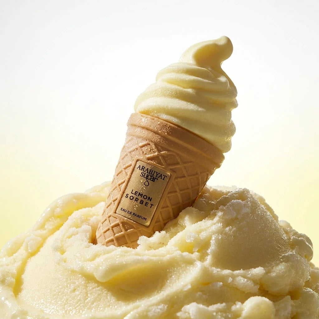 Un visuel haut de gamme au format carré de 1200x1200px. Le flacon de parfum de image_93d566.jpg émerge artistiquement à mi-hauteur d'une surface onctueuse et texturée de sorbet au citron jaune pâle parsemé de cristaux de glace givrés. L'arrière-plan est un dégradé de blanc pur à jaune citron très doux. Une lumière rasante de studio met en valeur les courbes de la volute supérieure et rend le texte de l'étiquette ultra-net. (gemini-3-pro-image-preview)