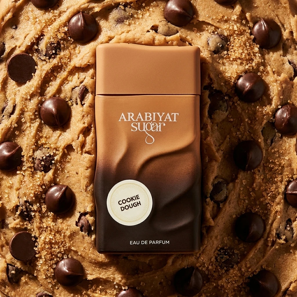 Une vue de dessus (flat-lay) artistique et gourmande sur un format carré de 1200x1200px. Au centre, le flacon de parfum bicolore "Arabiyat Sugar - Cookie Dough" de image_93c92b.jpg est posé à plat sur un lit dense de pâte à cookie brute, parsemée de grosses pépites de chocolat noir brillant et de morceaux de sucre roux cristallisé. L'éclairage studio est chaud et rasant, accentuant le fini mat du bouchon marron clair et la texture de la pâte environnante. (gemini-3-pro-image-preview)