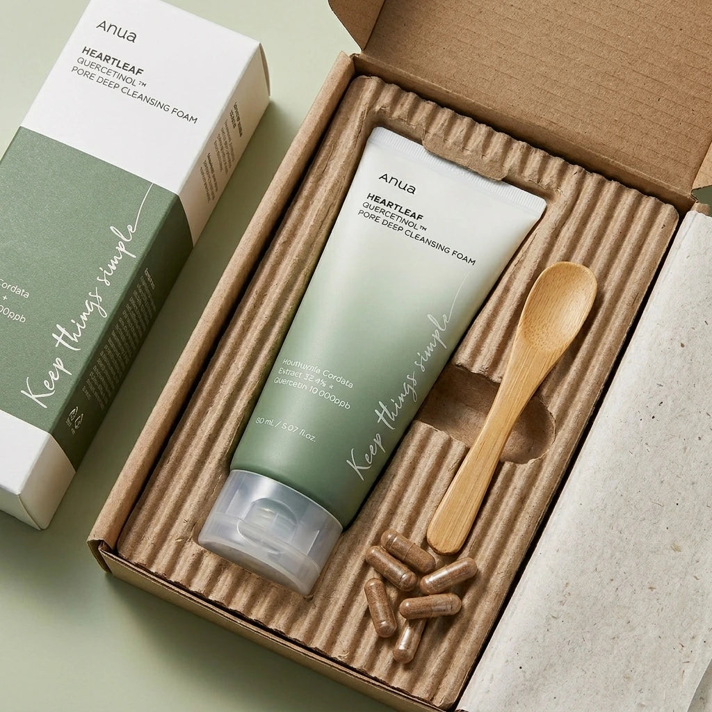 L'arrière-plan est le carton d'emballage du produit (que nous pouvons supposer être similaire en style, blanc avec du texte vert). Le tube Anua est disposé à l'intérieur de l'insert en carton ondulé texturé et écologique. À côté, on voit une petite cuillère d'application en bambou et quelques capsules d'un supplément de quercétine. Cela renforce l'aspect naturel et le lien avec l'ingrédient principal.  Angle : Vue de dessus, légèrement inclinée pour donner de la profondeur à la boîte.  Fonds : Carton d'emba