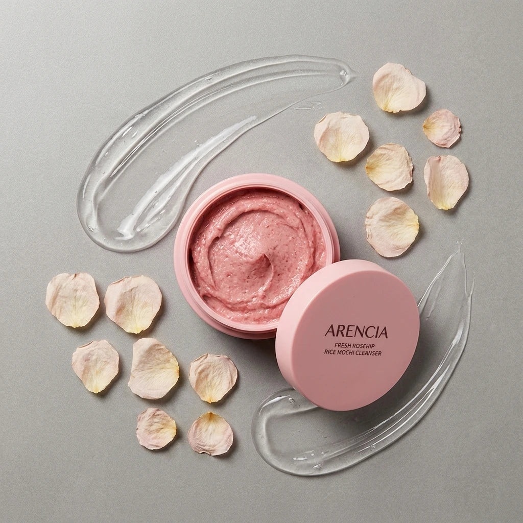 Angle : Nadir parfait (Zénithal à $90^\circ$ - Flat Lay de studio).Scène : Une composition artistique à plat. Le pot est ouvert au centre, laissant voir sa pâte texturée, tandis que son couvercle rose est posé juste à côté. Autour d'eux, une traînée fluide de gel cosmétique transparent et brillant dessine des courbes, accompagnée de pétales de roses pâles séchés disposés de manière géométrique.Fond & Lumière : Le fond est une plaque de béton ciré gris perle mat. Éclairage de studio très diffus pour un rendu