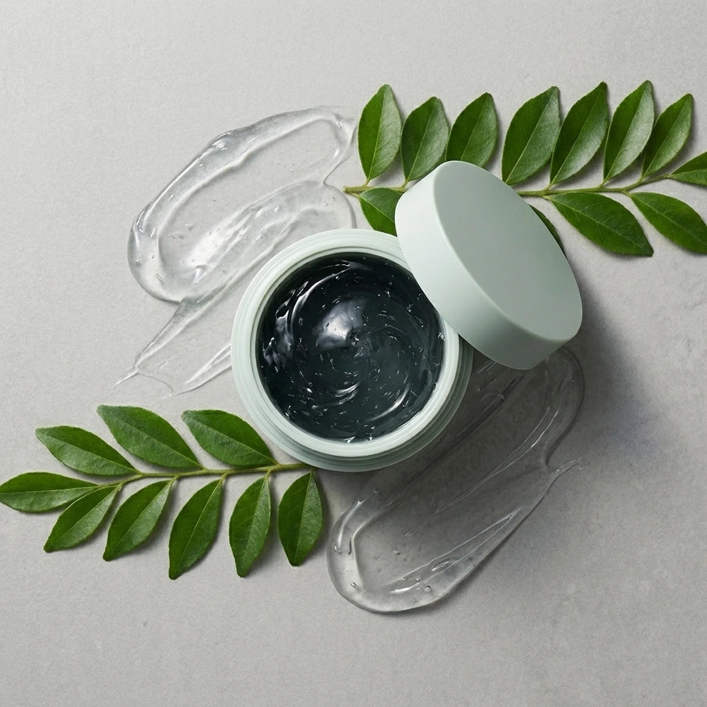 Angle : Nadir parfait (Zénithal à $90^\circ$ - Flat Lay de studio).Scène : Une composition artistique à plat. Le pot est ouvert au centre, dévoilant son gel sombre brillant, et son couvercle céladon est disposé de manière géométrique juste à côté. Autour d'eux, une traînée épaisse et sinueuse de gel cosmétique transparent est étalée sur le support, accompagnée de feuilles vertes fraîches disposées en lignes graphiques.Fond & Lumière : Le fond est une plaque de béton ciré gris perle mat. Éclairage de studio 