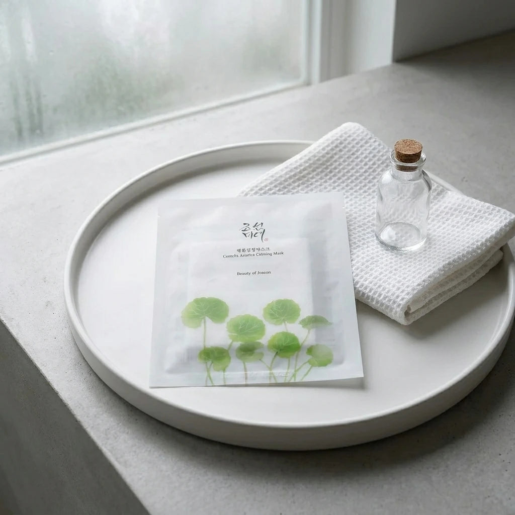 Angle : Vue à $30^\circ$ vers le bas.Scène : Le sachet de Beauty of Joseon est mis en scène sur un plateau rond en céramique mate blanche. À côté du produit, une serviette d'invité en coton nid d'abeille blanche ultra-texturée est pliée proprement, surmontée d'une petite fiole d'apothicaire en verre transparent.Fond & Lumière : Le plateau repose sur une surface en béton ciré gris clair. La lumière est douce, tamisée et diffuse, imitant la clarté d'un matin brumeux à travers une fenêtre de studio. (gemini-3-
