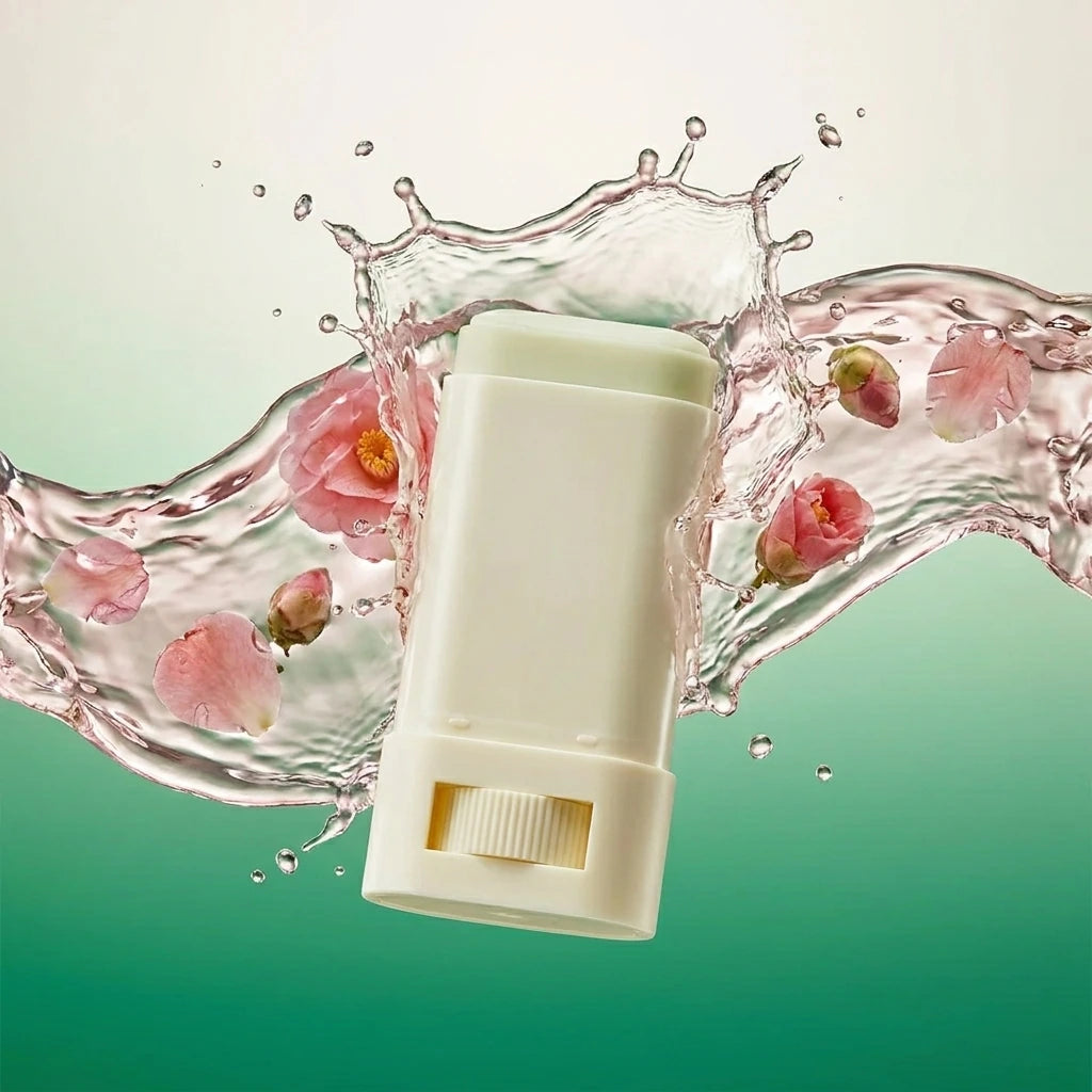 Une prise de vue oblique dynamique à mi-hauteur. Le stick solaire ouvert est positionné verticalement au premier plan. Au moment du déclenchement, une onde sculpturale et contrôlée d'eau pure infusée aux fleurs de camélia (translucide et légèrement rosée) fige son mouvement en un splash net juste derrière le produit, s'élevant autour de son applicateur.  Détails : Dégradé de studio allant du vert émeraude au blanc crème. Un éclairage stroboscopique ultra-rapide capture la transparence des gouttes d'eau susp