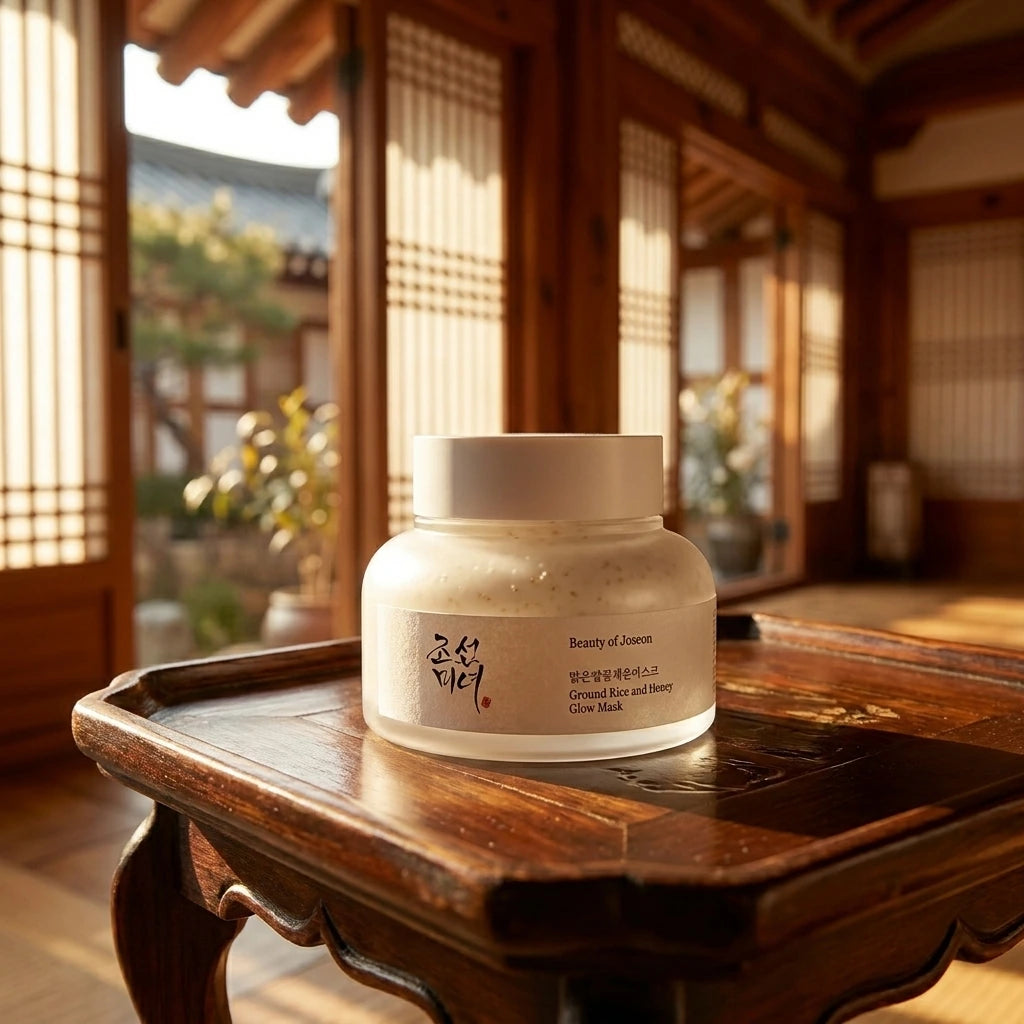 Angle : 45°  Beauty of Joseon Ground Rice and Honey Glow Mask placed on traditional Korean wooden tray inside a luxury hanok interior, warm sunlight entering through paper windows, premium Korean skincare advertising, realistic atmosphere, elegant composition, photorealistic beauty photography. (gemini-3-pro-image-preview)