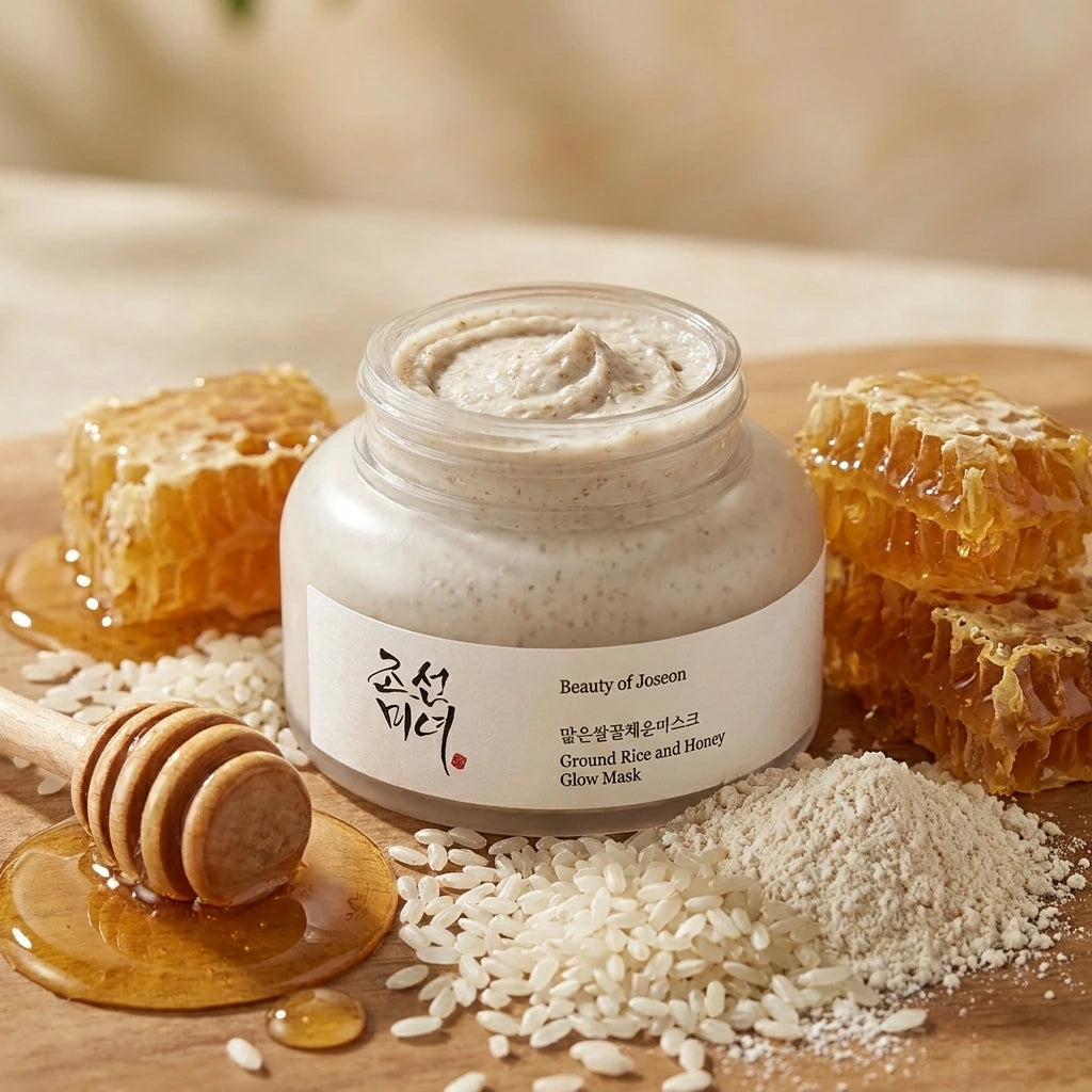 Angle : 3/4 rapproché  Beauty of Joseon Ground Rice and Honey Glow Mask surrounded by rice grains, rice powder, honeycomb and fresh honey drops, luxury Korean skincare campaign, natural ingredients storytelling, photorealistic cosmetic photography, premium beauty advertising. (gemini-3-pro-image-preview)