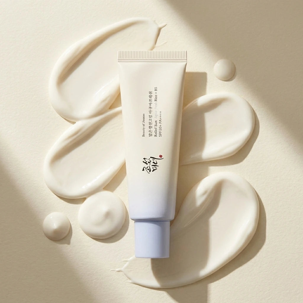 Angle : vue plongeante 30°  Beauty of Joseon Relief Sun SPF50+ surrounded by smooth sunscreen swirls on a creamy ivory surface, natural daylight, luxury skincare editorial photography, realistic texture details, premium Korean beauty campaign, highly detailed cosmetic advertising (gemini-3-pro-image-preview)