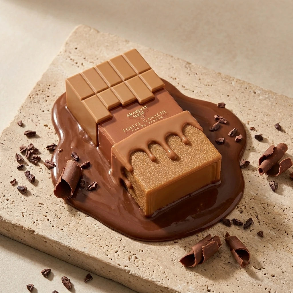 Angle : Vue plongeante à 30°  Le parfum Arabiyat Prestige Toffee Ganache entouré d'une ganache au chocolat brillante qui s'étale naturellement sur une surface en pierre beige. Quelques éclats de cacao et copeaux de chocolat décorent la scène. Photographie publicitaire réaliste. (gemini-3-pro-image-preview)