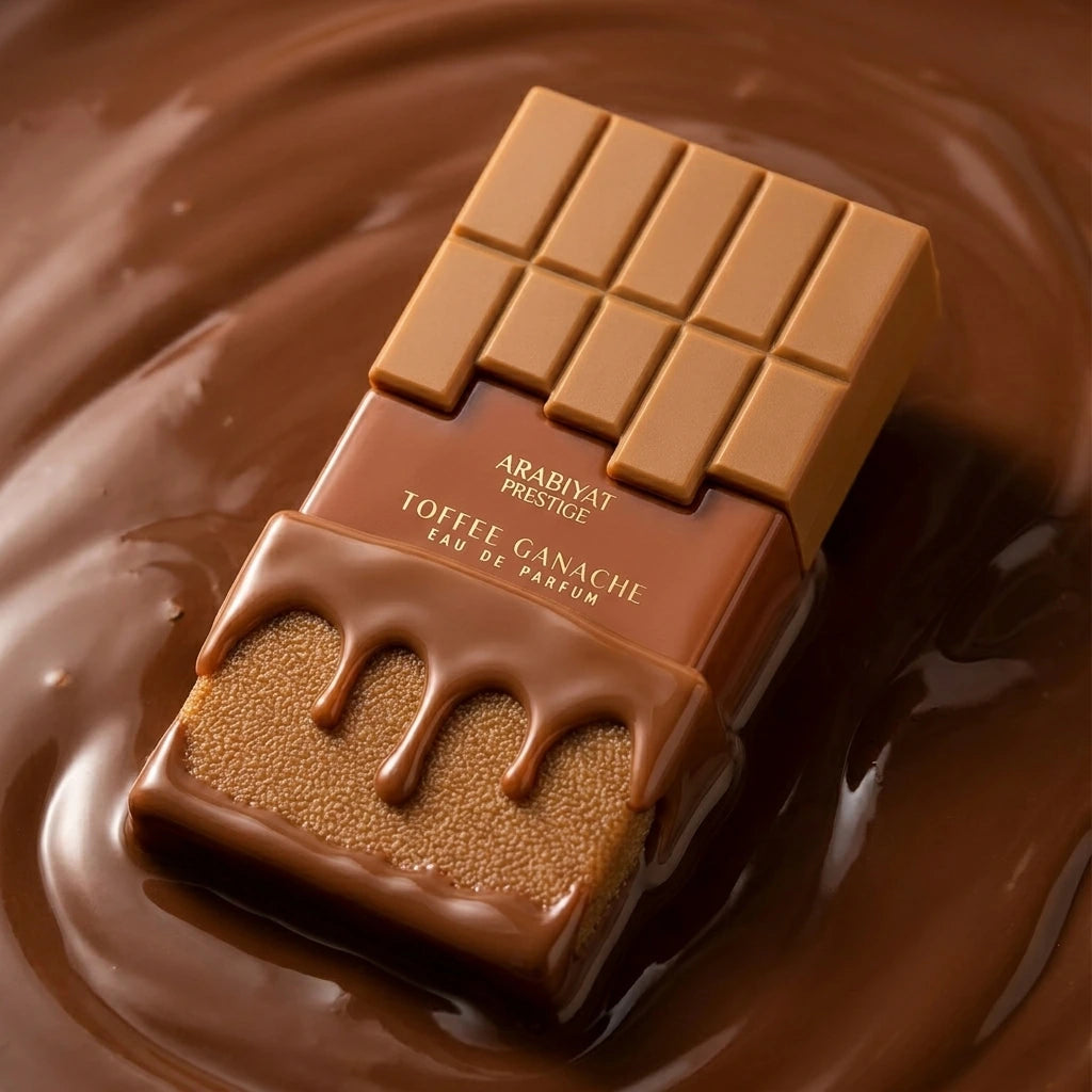 Angle : Macro à 45°  Gros plan du parfum Arabiyat Prestige Toffee Ganache posé dans une rivière de chocolat fondu brillant. Le chocolat épouse délicatement la base du flacon. Détails très nets, rendu ultra réaliste, photographie publicitaire premium. (gemini-3-pro-image-preview)