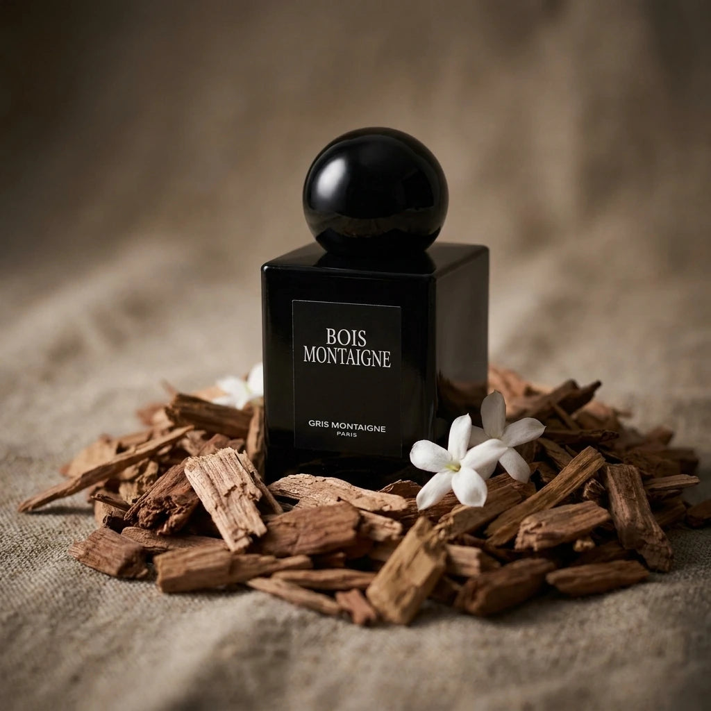 Angle : Macro-photographie en très gros plan avec une faible profondeur de champ (flou artistique d'arrière-plan).  Fond : Une surface en tissu de lin brut de couleur lin naturel ou beige foncé.  Mise en scène : Le flacon de parfum "Bois Montaigne" est délicatement installé au centre. Il émerge d'un lit texturé de copeaux de bois de cèdre et de bois de gaïac. Une ou deux fleurs blanches de jasmin sauvage sont discrètement posées à côté pour rappeler le cœur subtil de la fragrance.  Lumière : Éclairage très 