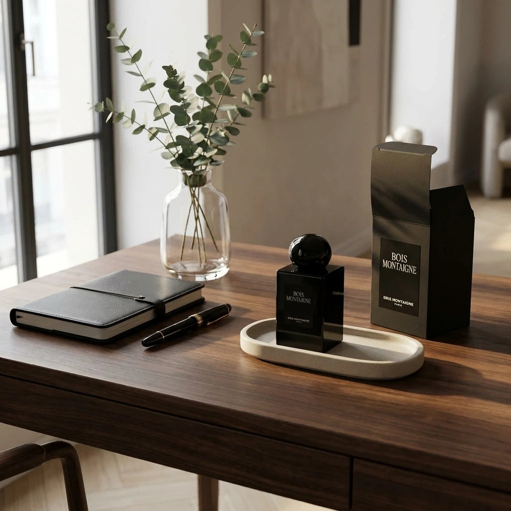 Angle : Plan moyen, composition de style "art de vivre" (lifestyle) dans un environnement réaliste et raffiné.  Fond : Un bureau en bois de noyer foncé ou une console de designer dans un intérieur chic.  Mise en scène : Le flacon de parfum "Bois Montaigne" est élégamment posé sur un vide-poches en céramique minimaliste. À côté, on aperçoit un carnet de notes en cuir noir, un stylo plume haut de gamme et une petite branche d'eucalyptus frais dans un vase. Le packaging noir de la marque est posé debout, à dem