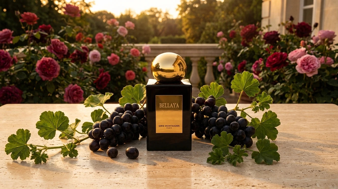 Un plan large d'un flacon de image_2.png posé sur une table en travertin poli, sur une terrasse donnant sur un jardin de roses anciennes à la tombée de la nuit. La lumière est chaude et dorée (golden hour). Autour de image_2.png, des grappes de raisin de Corinthe et des feuilles de géranium créent un cadre organique. La plaque dorée de image_2.png reflète l'heure dorée. Style : Photographie éditoriale de luxe, sensuelle. (gemini-3-pro-image-preview)