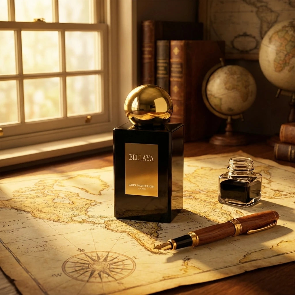 Un plan large du flacon de image_2.png posé sur une carte du monde ancienne en parchemin, à côté d'un stylo-plume en bois précieux et d'un petit flacon d'encre noire. L'ambiance est érudite et voyageuse. La lumière est chaude, venant d'une fenêtre à guillotine. Style : Photographie publicitaire de marque. (gemini-3-pro-image-preview)
