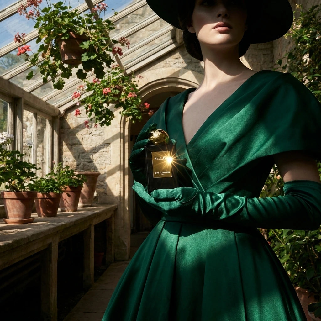 Un plan large d'un mannequin femme portant une robe couture structurée en soie verte émeraude profonde, tenant délicatement le flacon de image_2.png dans sa main gantée de satin vert. Elle se tient dans une orangerie ancienne, la lumière du soleil filtrant à travers le verre et les plantes de géranium suspendues. Son visage est partiellement ombragé. La plaque dorée de image_2.png capte une étincelle de soleil. L'ambiance est feutrée, mystérieuse. Style : Photographie de mode éditoriale, ambiance Renaissanc