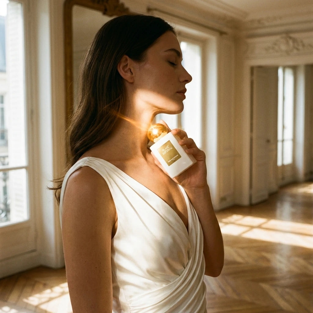Un plan moyen d'un mannequin habillé d'une robe en satin blanc drapée, capturé de profil dans un intérieur haussmannien baigné de lumière. Le mannequin tient le flacon de image_7.png près de son cou, les yeux clos dans une expression sereine. Un rayon de soleil frappe directement le capuchon doré de image_7.png, créant un éclat lumineux chaleureux et réaliste. Style : Campagne de mode cinématographique. (gemini-3-pro-image-preview)