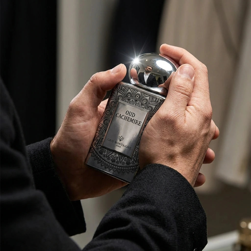 Un plan serré et intimiste centré sur les mains d'un mannequin homme portant une veste de costume haut de gamme en laine noire texturée. Ses doigts tiennent fermement le flacon gravé de image_1fe27b.jpg, s'apprêtant à vaporiser le parfum. Le bouchon chromé de image_1fe27b.jpg brille intensément sous un projecteur précis. Style : Campagne publicitaire éditoriale de mode et de parfum masculin. (gemini-3-pro-image-preview)