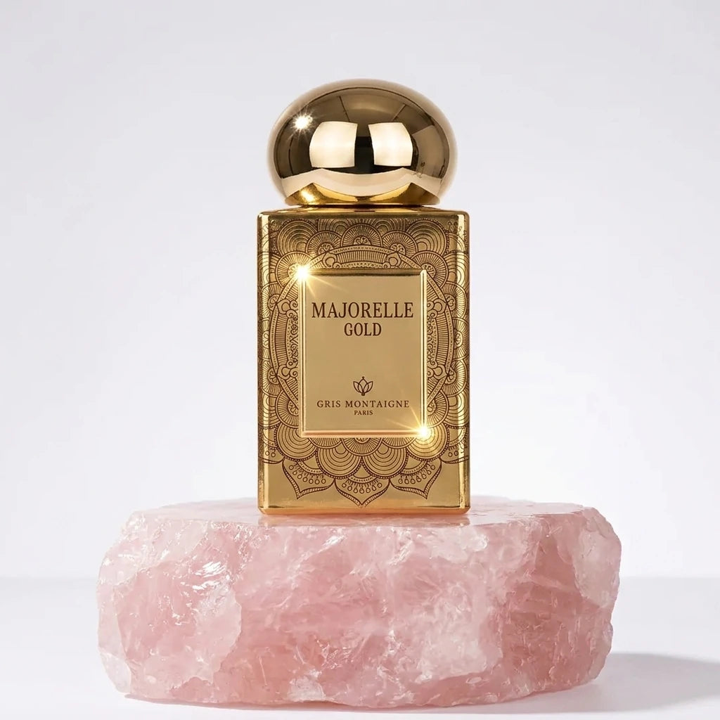 Un plan moyen net et frontal du flacon rectangulaire de image_2046de.jpg isolé de sa boîte, posé sur un bloc de quartz rose brut. La lumière de studio frappe le flacon de face pour faire scintiller chaque détail du motif mandala doré gravé sur la bouteille de image_2046de.jpg. Le bouchon sphérique en or poli capte un reflet miroir linéaire parfait de l'environnement de studio. Style : Photographie cosmétique de haute précision. (gemini-3-pro-image-preview)