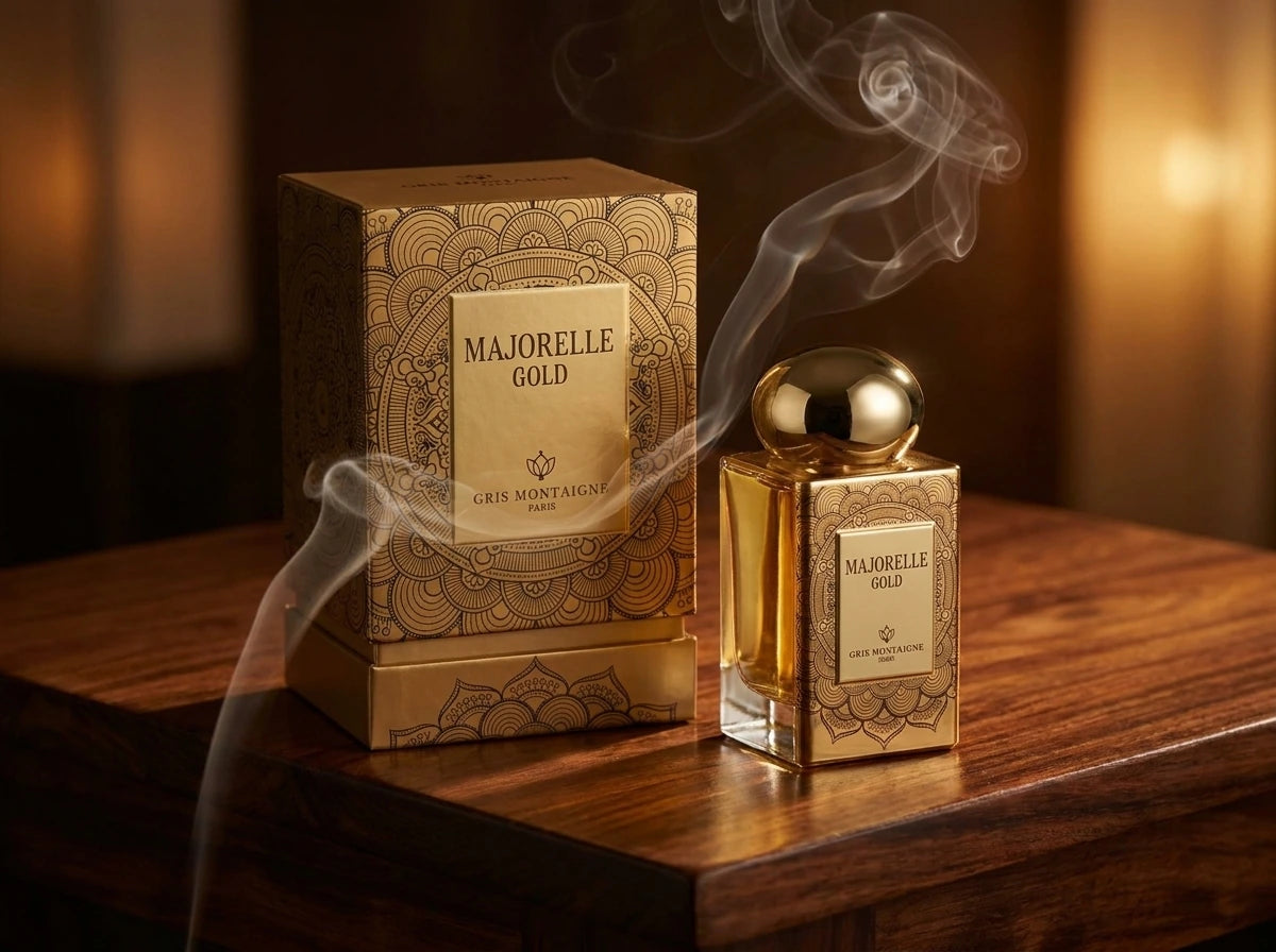 Un plan large à 45 degrés du coffret ouvert de image_2046de.jpg avec son flacon disposé juste à côté sur une table de présentation en bois de santal précieux poli. Une fine et gracieuse volute de fumée d'encens oriental ou de bakhoor traverse la composition de manière réaliste. L'éclairage est chaleureux et tamisé, créant une atmosphère de rituel de parfumage sacré. Style : Campagne éditoriale luxueuse. (gemini-3-pro-image-preview)