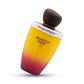 Clean product photography of the Arabiyat Sugar Mango Affogato perfume bottle from image_a2d5a7.jpg, positioned at a 45-degree angle. This setup showcases the curved, elegant ribbed silhouette of the gradient bottle and the dynamic design of its shoulders. Seamless pure white background (#FFFFFF) with a very soft, realistic grey shadow underneath to anchor the bottle. Minimalist e-commerce catalog style. Aspect ratio 1:1, size 1200x1200px. (gemini-3-pro-image-preview)