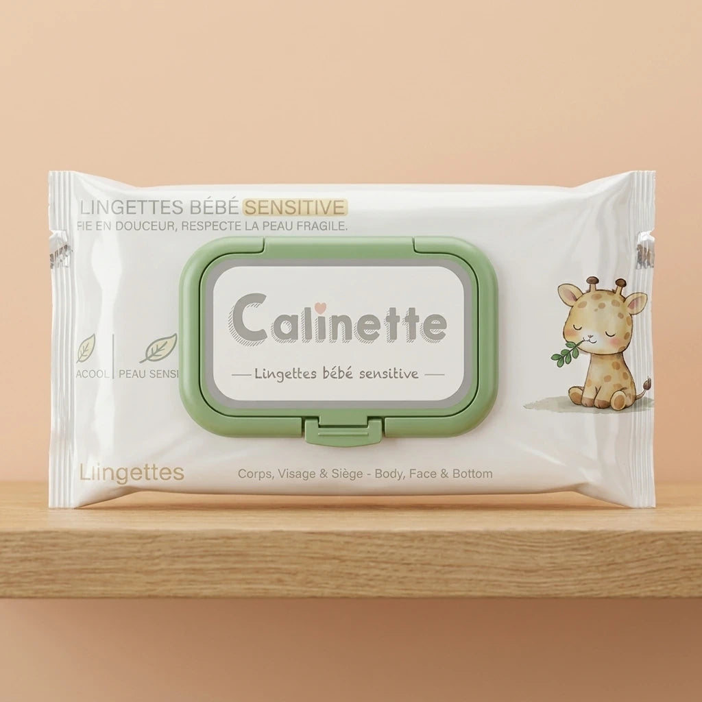 1:1 minimalist product photography of "Calinette - Lingettes Bébé Sensitive" container placed perfectly in the center of a clean, light oak wooden shelf. The soft-focus background is a simple, plain wall in a warm pastel tone. The light is diffused, bright, and clear. Zero distractions, strict central composition. Shot on 70mm lens, f/4.0, ISO 250, highly detailed plastic texture, no CGI. --ar 1:1 (gemini-3-pro-image-preview)