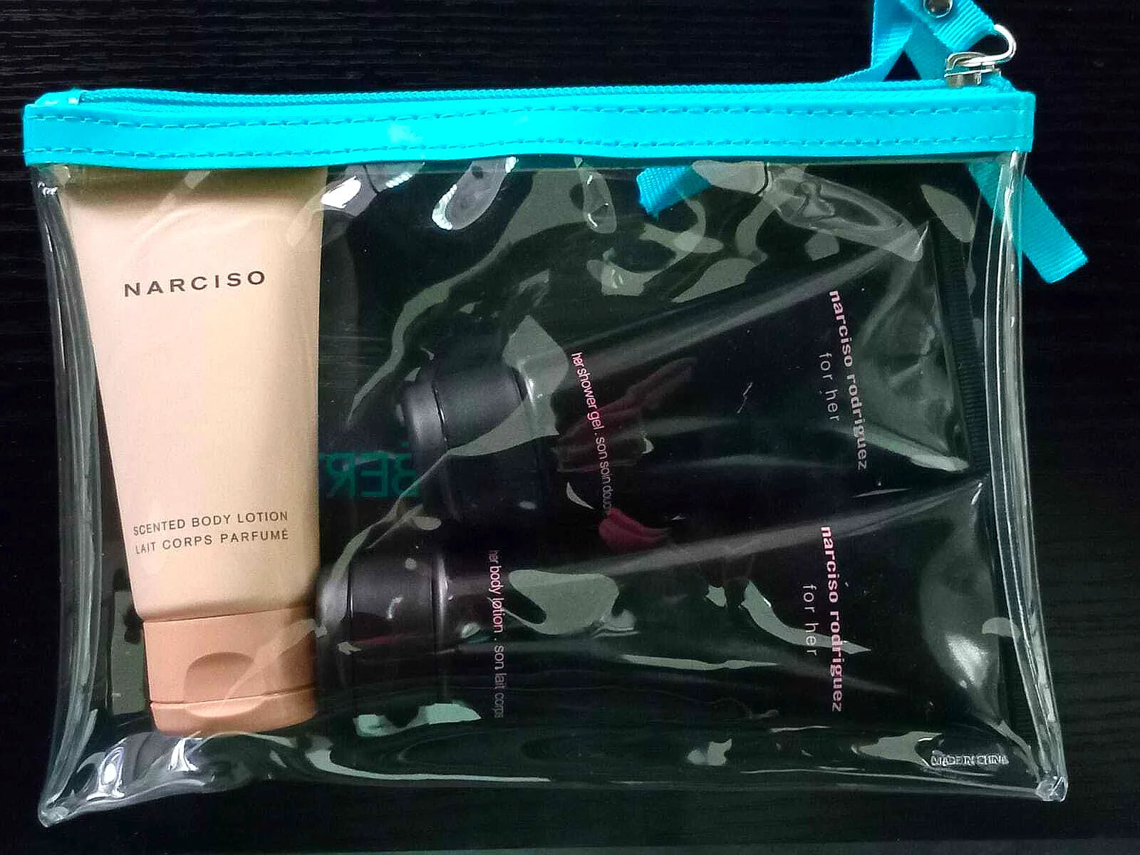 Narciso Rodriguez body lotion and shower gel set with toiletry bag