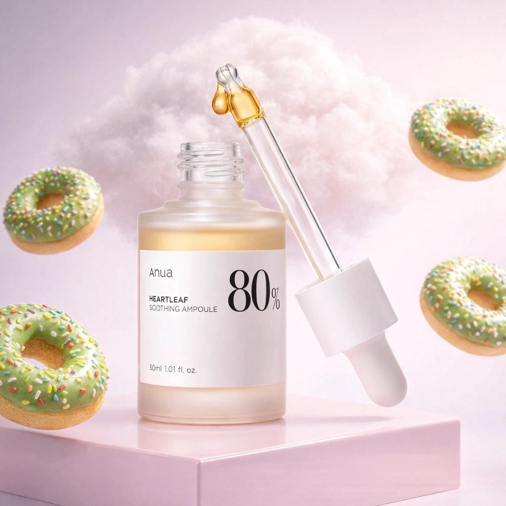 Surreal cosmetics ad featuring the "Heartleaf 80% Soothing Ampoule" bottle standing on a glossy pastel pink platform. Floating in the air around the bottle are glazed donuts with green matcha frosting and colorful rainbow sprinkles. In the background, a large, fluffy cloud made of white cotton candy. Soft, dreamlike, whimsical studio lighting, 1:1 aspect ratio. (gpt-image-1.5)
