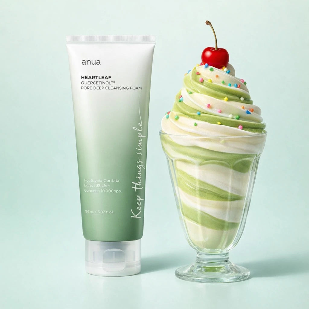 Whimsical e-commerce product photography of the "Heartleaf Quercetinol Pore Deep Cleansing Foam" tube. The tube is standing upright next to a giant swirl of soft-serve matcha and vanilla ice cream in a tall glass sundae cup, topped with a cherry and rainbow sprinkles. Background is a pastel sage green. Playful, commercial cosmetics ad look, crisp studio lighting, 1:1 aspect ratio. (gpt-image-1.5)