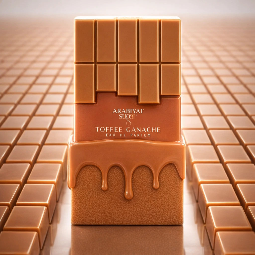 Une vue d'artiste carrée à 1200x1200px. La bouteille d'image_1.png est centrée, mais entourée d'une grille de carrés de chocolat au caramel identiques, créant un motif répétitif infini qui s'étire vers un horizon flou. La bouteille centrale est la seule parfaitement nette et colorée, les autres étant légèrement délavées. Une source de lumière frontale forte fait briller les arrêtes de la bouteille, la faisant ressortir comme un joyau dans la masse. (gpt-image-1.5)