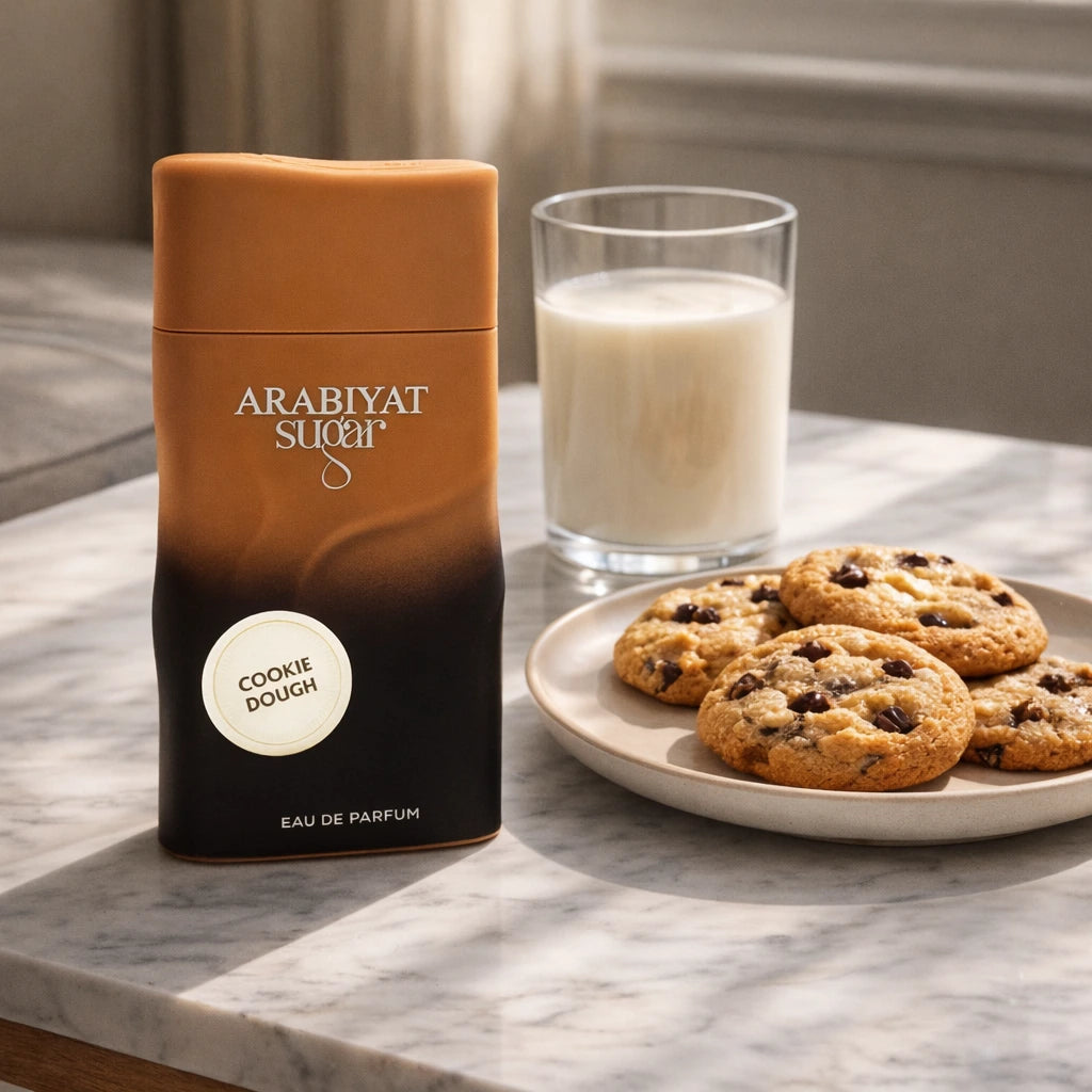 Un visuel lifestyle chaleureux à 1200x1200px. Le parfum d'image_93c92b.jpg est installé sur une table basse en marbre blanc. À côté du flacon, une assiette en céramique minimaliste présente des cookies artisanaux encore chauds avec des pépites fondantes, accompagnés d'un verre de lait. Une lumière naturelle traverse une fenêtre invisible, projetant des ombres douces et réalistes sur la scène. (gpt-image-1.5)