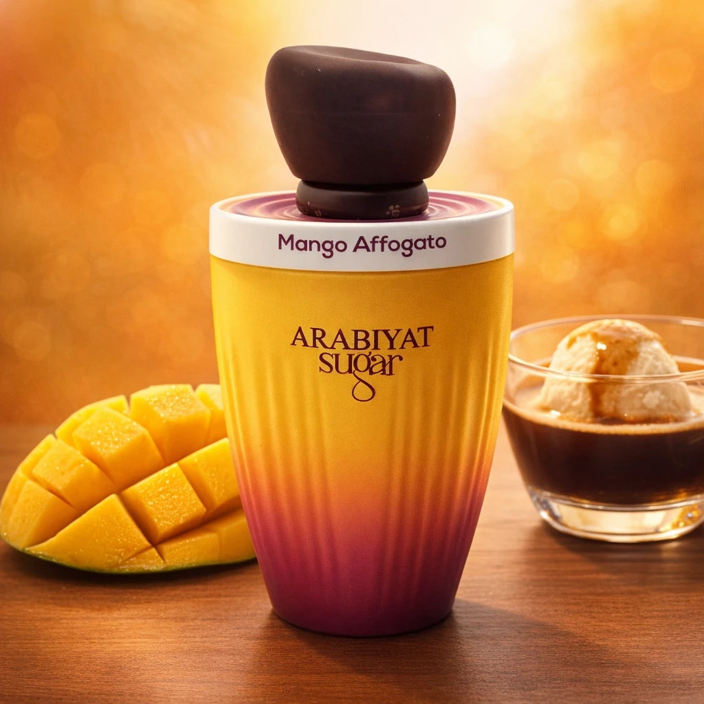 Creative e-commerce shot of the Arabiyat Sugar Mango Affogato perfume bottle inspired by image_a2d5a7.jpg. The bottle stands on a smooth, warm wood surface next to a few fresh, glossy slices of ripe yellow mango and a crystal-clear glass bowl containing a scoop of vanilla ice cream drowned in rich espresso coffee. The background is a soft, tropical sun-drenched bokeh gradient of orange and warm gold. Indulgent, vibrant, and sweet concept. Aspect ratio 1:1, size 1200x1200px. (gpt-image-1.5)