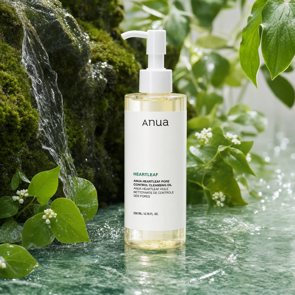 La Cascade Douce (Aqueux & Naturel)Angle : Trois Quarts DynamiquePrompt : A refreshing commercial product shot of the "Heartleaf Pore Control Cleansing Oil" dropper bottle. The bottle stands on a polished, natural green marble surface. A gentle, controlled stream of water cascades down a raw moss-covered rock formation behind it, pooling slightly around the base without submerging it. Fresh heartleaf greenery and tiny white flowers cluster near the moss. The lighting is bright and diffused, highlighting the