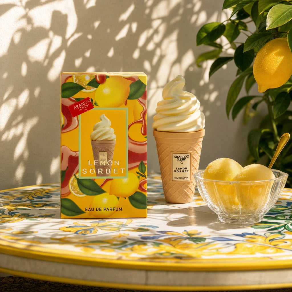 Un visuel lifestyle ensoleillé à 1200x1200px. Le parfum de image_93d566.jpg est posé sur une table en céramique italienne peinte à la main. À côté du flacon, une coupelle transparente contient deux boules de sorbet au citron frais avec une cuillère dorée. Une lumière naturelle vive traverse des feuillages invisibles, projetant des ombres douces et réalistes de feuilles de citronnier sur la scène. (gpt-image-2)