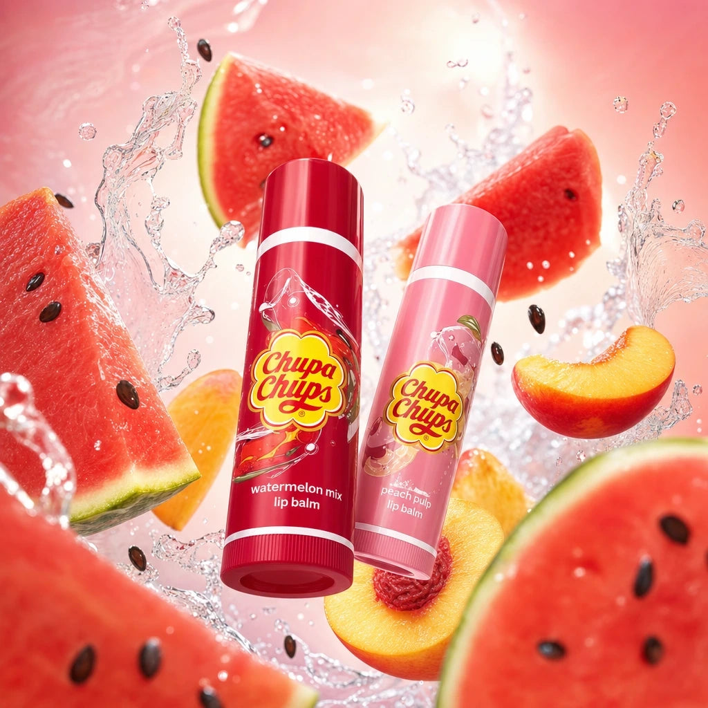 A dramatic low-angle shot looking up at the 'Chupa Chups - Watermelon Mix & Peach Pulp - Lip Balm' sphere floating in mid-air. The product appears heroic and monumental against a dynamic, animated background of swirling fresh watermelon slices, black seeds, and juicy peach halves splashing in crystal clear water. The lighting is bright and vibrant, making the balm packaging glisten. The style is a mix of commercial product photography and high-end 3D motion graphics. Intense colors, fresh vibe, hyper-detail