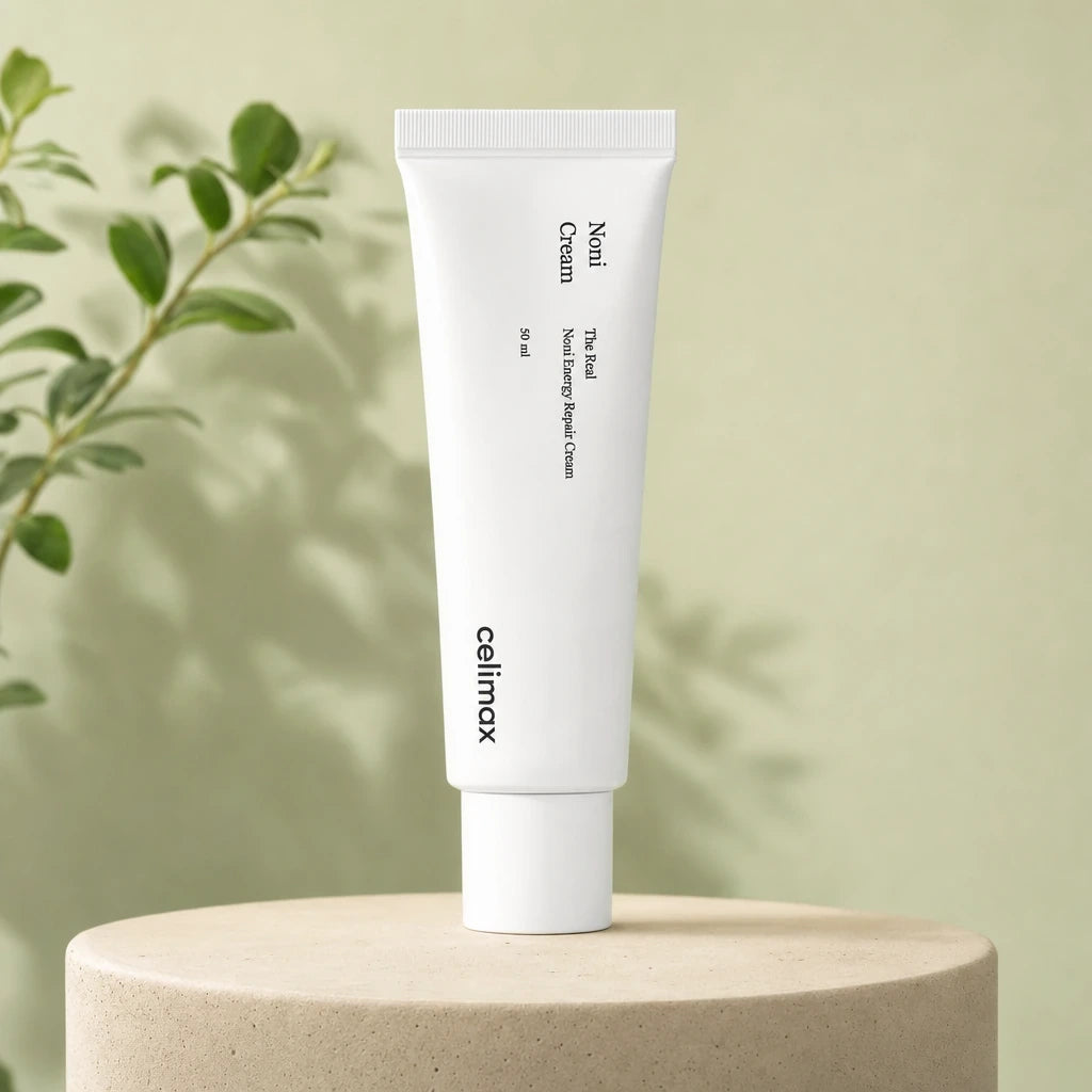 Commercial product photography of a "50ml Celimax Noni Energy Repair Cream" green jar, closed, centered on a matte beige concrete podium. Clean minimalist studio background with soft pastel olive green tones, professional studio lighting, delicate soft shadows, shot on 85mm lens, f/4, high resolution, hyper-realistic, photorealistic --ar 1:1 (gpt-image-2)