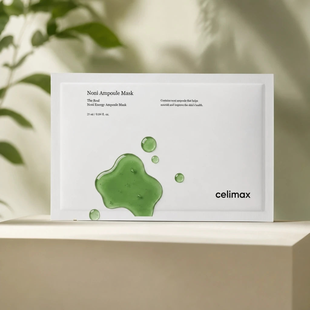 Commercial product photography of a Celimax Noni Energy Ampoule Mask sheet pouch, standing elegantly on a matte beige pedestal. Soft cinematic lighting, gentle pastel green shadows, clean minimalist studio background, high-end skincare advertisement look, 8k resolution, photorealistic, shot on 85mm lens, f/2.8 --ar 1:1 (gpt-image-2)