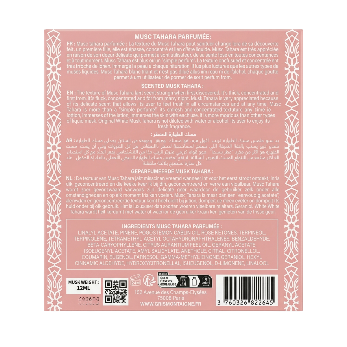 50ml Gris Montaigne - Musc Tahara Bellissima - Concentré de Parfum