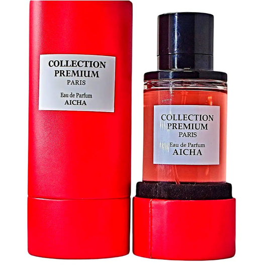 Luxury perfume bottle of Collection Premium Aicha Eau de Parfum Mixte with elegant design and golden accents on a sleek background.
