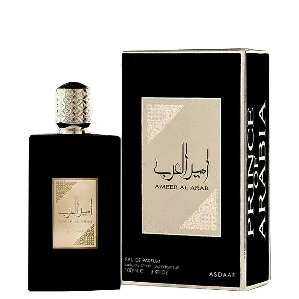 Bottle of Asdaaf Ameer Al Arab Eau de Parfum for men with elegant Arabic design and gold accents.