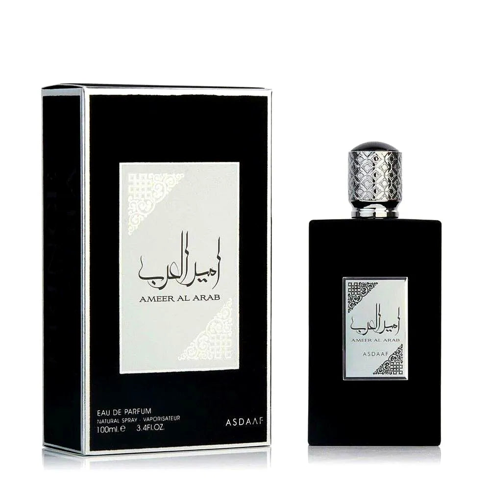 Elegant bottle of Asdaaf Ameer Al Arab Eau de Parfum for men with gold accents and Arabic-inspired design.