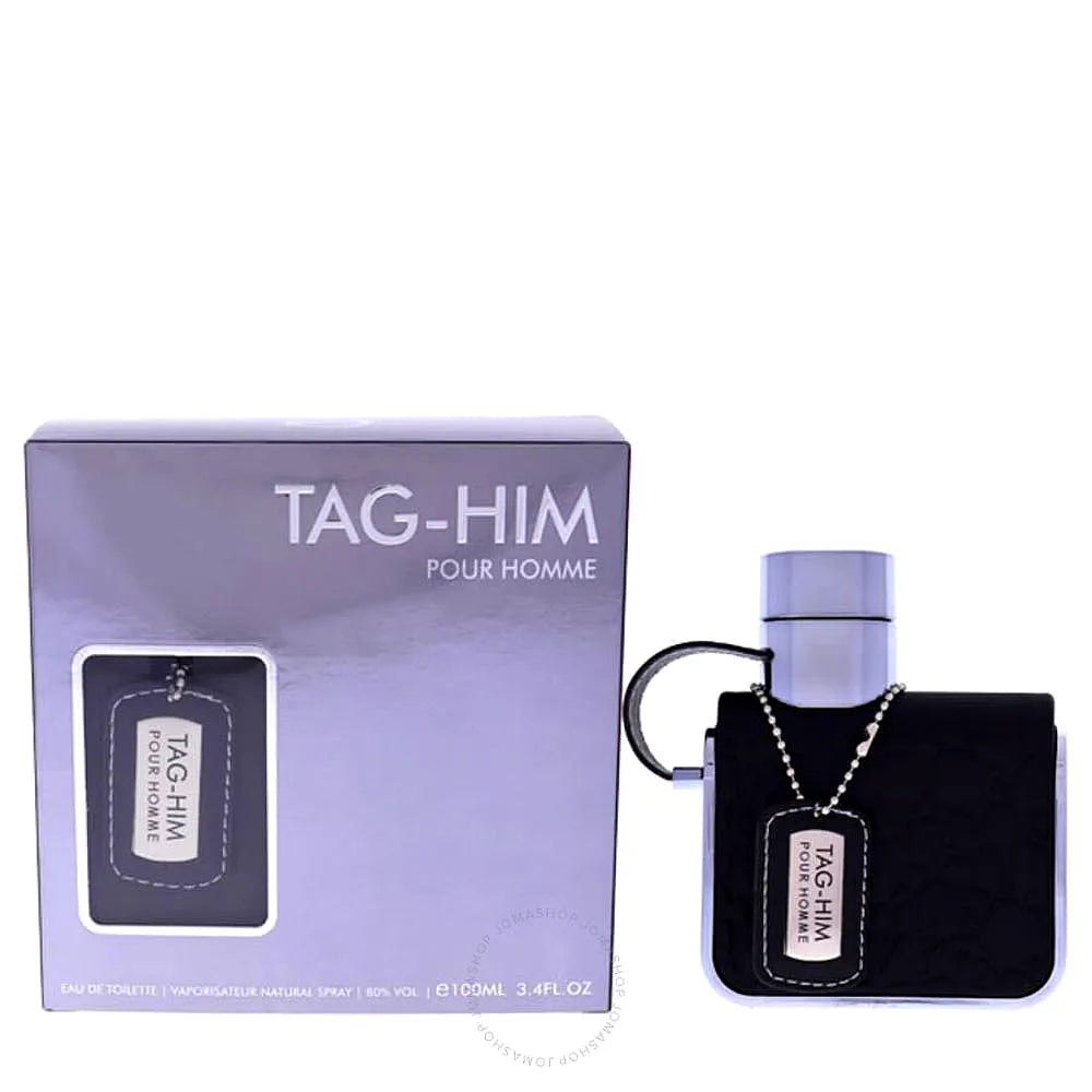 Armaf Tag Him Eau de Parfum pour homme fragrance bottle with sleek design, golden accents, and elegant branding.