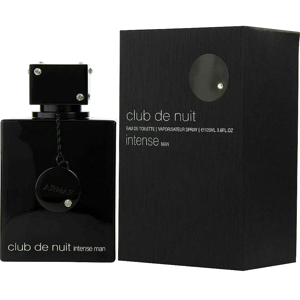 Armaf Club de Nuit Intense Eau de Toilette for men - a sleek, modern men's fragrance bottle with a black cap and silver accents, standing on a reflective surface.
