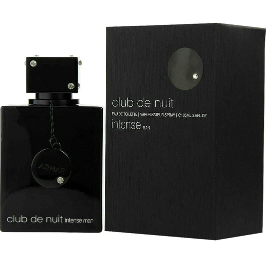 Armaf Club de Nuit Intense Eau de Toilette for men - a sleek, modern men's fragrance bottle with a black cap and silver accents, standing on a reflective surface.