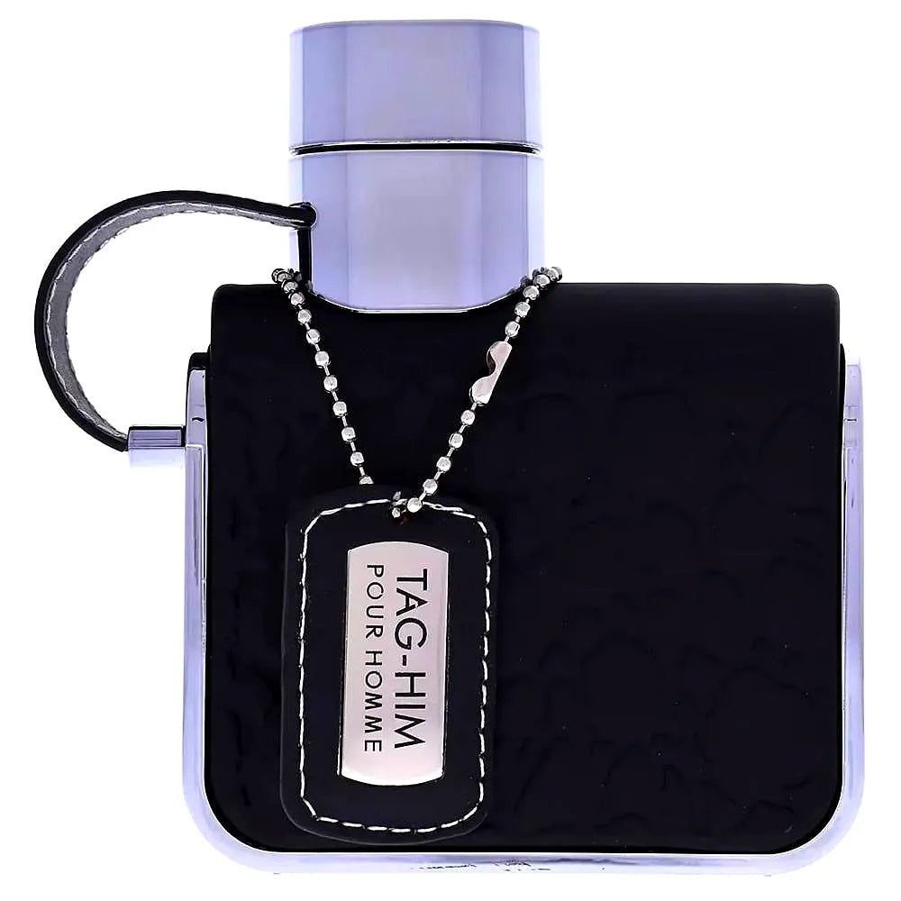 Armaf Tag Him Eau de Parfum pour homme fragrance bottle with sleek design, golden accents, and elegant branding.