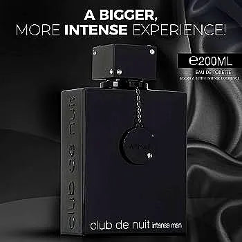 A sleek, modern bottle of Armaf Club de Nuit Intense Eau de Toilette for men, featuring a dark blue gradient design with silver accents and a magnetic cap.